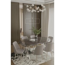Nex Serisi Mdf Lak Masa 90X168 Gümüş Metal Ayak 6 Adet A Baby Face Silinebilir Kumaş Sandalye