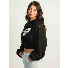 Sportswear Bol Kesimli Crop Fransız Havlu Kumaşı Kadın Kapüşonlu Sweatshirt