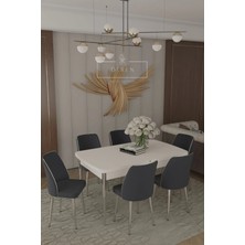 Parla Gümüs Serisi 80 x 130 Mdf Açılabilir Masa + 6 Adet Silinebilir Kumaş  Sandalye Metal Ayak Masa Takımı