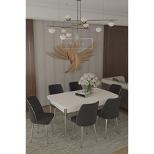Parla Gümüs Serisi 80 x 130 Mdf Açılabilir Masa + 6 Adet Silinebilir Kumaş  Sandalye Metal Ayak Masa Takımı