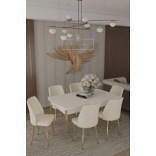 Parla Gold Serisi 80 x 130 Mdf Açılır Masa + 6 Adet Silinebilir Kumaş Krem Sandalye Metal Ayak Masa Takımı