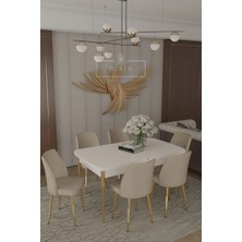 Parla Gold Serisi 80 x 130 Mdf Açılır Masa + 6 Adet Silinebilir Kumaş Krem Sandalye Metal Ayak Masa Takımı