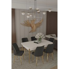 Parla Gold Serisi 80 x 130 Mdf Açılır Masa + 6 Adet Silinebilir Kumaş Krem Sandalye Metal Ayak Masa Takımı