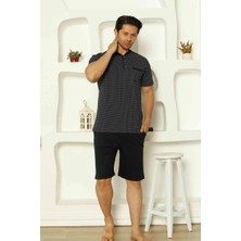 Alimer Erkek Desenli Bisiklet Yaka 3 Düğmeli Göğüs Cepli  Pamuk Kısa Kol Şortlu Pijama Takımı