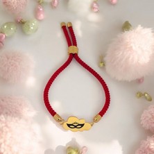 14 Ayar Plakalı Altın Ipek Örgülü Kız Çocuklara Özel Bulut Figürlü Sembol Bilekliği-406sembol-Kırmızı