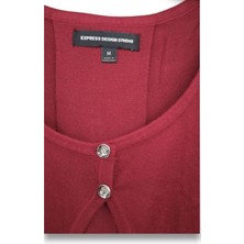 S M Triko Express Design Studio Kaliteli Bordo Düğme Detaylı Bel Hizası Kısa Pelerin / Hırka