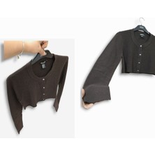 Kaşmir S-M Uzun Kollu Crop Mini Koyu Kahverengi Hırka