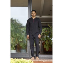 Kly 9133 Büyük Beden Erkek Düğmeli Uzun Kollu Pamuklu Pijama Takım