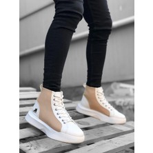 BA0256 Bağcıklı Erkek Yüksek Taban Beyaz Krem Taban Spor Bot