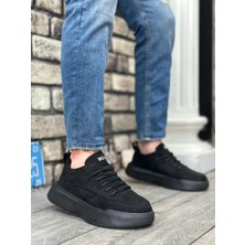 BA0332 Merdiven Desen Bağcıklı Erkek Yüksek Taban Siyah Süet Siyah Taban Spor Ayakkabı