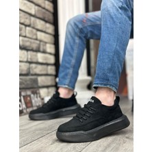 BA0332 Merdiven Desen Bağcıklı Erkek Yüksek Taban Siyah Süet Siyah Taban Spor Ayakkabı