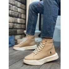 BA0155 Bağcıklı Erkek Yüksek Taban Krem Beyaz Taban Spor Bot
