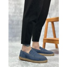 BA0359 Boa Doğal Deri Tozu Bağcıksız Kauçuk El Yapımı Espadril Taban Mavi Renk Erkek Ayakkabı