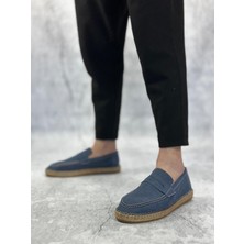 BA0359 Boa Doğal Deri Tozu Bağcıksız Kauçuk El Yapımı Espadril Taban Mavi Renk Erkek Ayakkabı