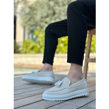 BA0154 Bağcıksız Yüksek Taban Beyaz Keten Püsküllü Erkek Ayakkabı