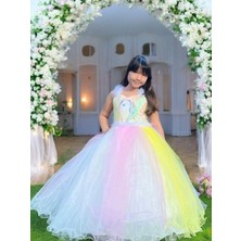 Kız Çocuk Unicorn Etekleri Gökkuşağı Tarlantanlı Abiye Elbise