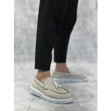 BA0005 Bağcıksız Yüksek Taban Klasik Keten Beyaz Püsküllü Erkek Ayakkabı