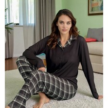Siyah Ekose Detaylı Uzun Kollu Pijama Takımı - Kadın Ev Giyim Moda Trendy Stiller 14300-13