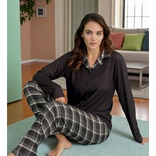 Siyah Ekose Detaylı Uzun Kollu Pijama Takımı - Kadın Ev Giyim Moda Trendy Stiller 14300-13