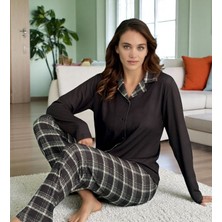 Siyah Ekose Detaylı Uzun Kollu Pijama Takımı - Kadın Ev Giyim Moda Trendy Stiller 14300-13