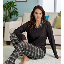 Siyah Ekose Detaylı Uzun Kollu Pijama Takımı - Kadın Ev Giyim Moda Trendy Stiller 14300-13