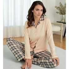 Sarı Desenli Bej Yaka Detaylı Üst Takım Ekose Pantolonlu Rahat Konforlu Pijama Takımı 14300-18