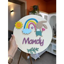 Baykuş Craft Mimarlık Özel Tasarım Tavşanlı Gökkuşaklı Hayvanlı Kız Bebek Hastane Ahşap Kapı Süsü