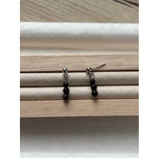 Minimal Gold Obsidyen Taşı Gümüş Kaplama Top Küpe