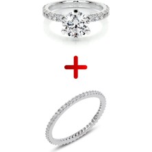 Işıklı Kutuda 1 Carat Kadın Gümüş Yüzük ve Çift Küpe (Pırlanta Işıltılı)