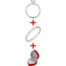 925 Ayar Gerçek Gümüş Kadın Tektaş Yüzük ve 1.5mm Alyans Set