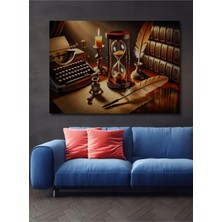 Antika Daktilo Kum Saati Mum ve Tüyler Yağlı Boya Görünümlü Klasik Sanat Mdf Dekoratif Tablo