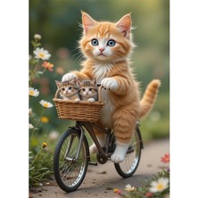 Bedeko Bisiklet Kullanan Kedi ve Yavruları Ahşap Tablo