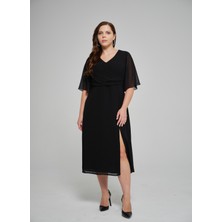 Selen Kruvaze Yaka Düz Siyah Standart Kadın Elbise 25YSL7655-BB