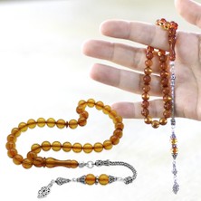 Tesbihane 925 Ayar Gümüş Anadolu Deseni Püsküllü Küre Kesim Sarı Ateş Kehribar Tesbih