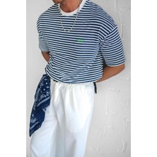 Abluka Online Erkek Oversize Çizgili Rahat T-Shirt Mavi