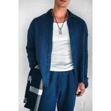 Erkek Oversize Keten Görünümlü Gömlek Indigo