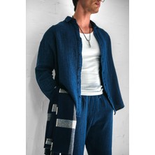 Erkek Oversize Keten Görünümlü Gömlek Indigo