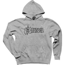 Saxon Logo Text Gri Kapşonlu Sweatshirt Hoodie