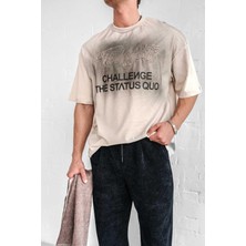 Abluka Online Erkek Oversize Baskılı Yıkamalı T-Shirt Taş Rengi