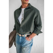 Erkek Premium Çizgili Pamuklu Oversize Gömlek Haki Yeşil