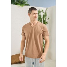 Erkek Bej %100 Pamuk V Yaka T-Shirt