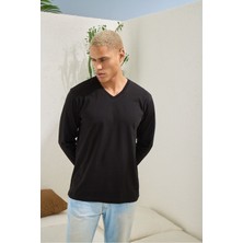 V Yaka Uzun Kollu %100 Pamuk T-Shirt - Erkek Tek Üst