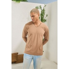 V Yaka Uzun Kollu %100 Pamuk T-Shirt - Erkek Tek Üst
