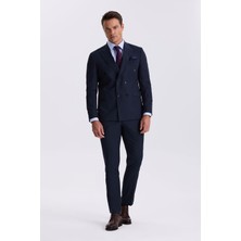 Jakamen Lacivert Slim Fit Kırlangıç Yaka Çift Yırtmaç Yünlü Kruvaze Takım Elbise