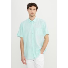 Altınyıldız Classics Erkek Mınt Comfort Fit Rahat Kesim Düğmeli Yaka Keten Görünümlü %100 Pamuk Flamlı Kısa Kollu Gömlek