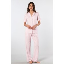 Türen Çizgili Kısa Kollu Gömlek Yaka Pijama Takımı 3355/PEMBE