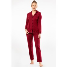 Türen Kadin Düz Uzun Kollu Gömlek Yaka Pijama Takimi 3365/Bordo