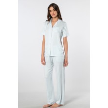 Türen Çizgili Kısa Kollu Gömlek Yaka Pijama Takımı 3355/MAVI