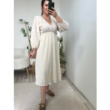 Taş Rengi Güpür Detaylı Keten Elbise