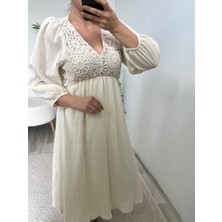 Taş Rengi Güpür Detaylı Keten Elbise